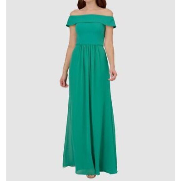 Adrianna Papell Dresses & Skirts - Adrianna Papell Off The Shoulder Maxi Dress Womens 4 Kelly Green Bridesmaid Long